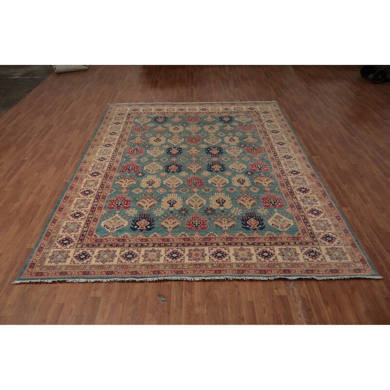 Hand Knotted Oriental 100% Wool Carpet Traditional Geometric Navy Blue & Blues Kazak Area Rug - 11' 10'' X 9' 0''