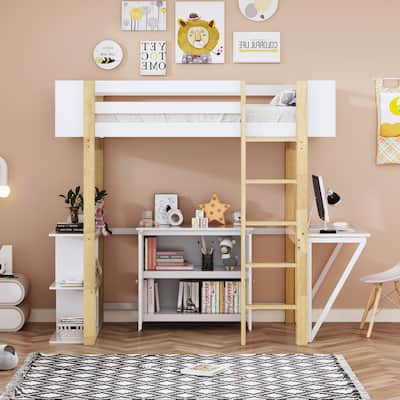 Loft Bed w/ Foldable Desk, Storage Cabinet, Shelves, Wooden Bedframe