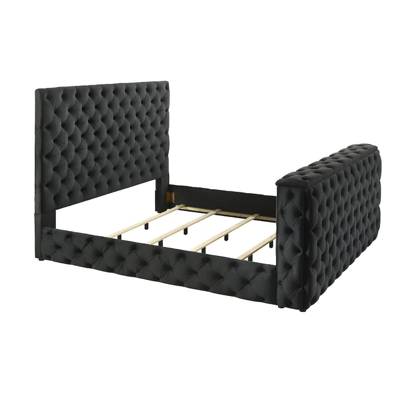 Meri King Bed with Lift TV Stand, Tufted Black Velvet Upholstery