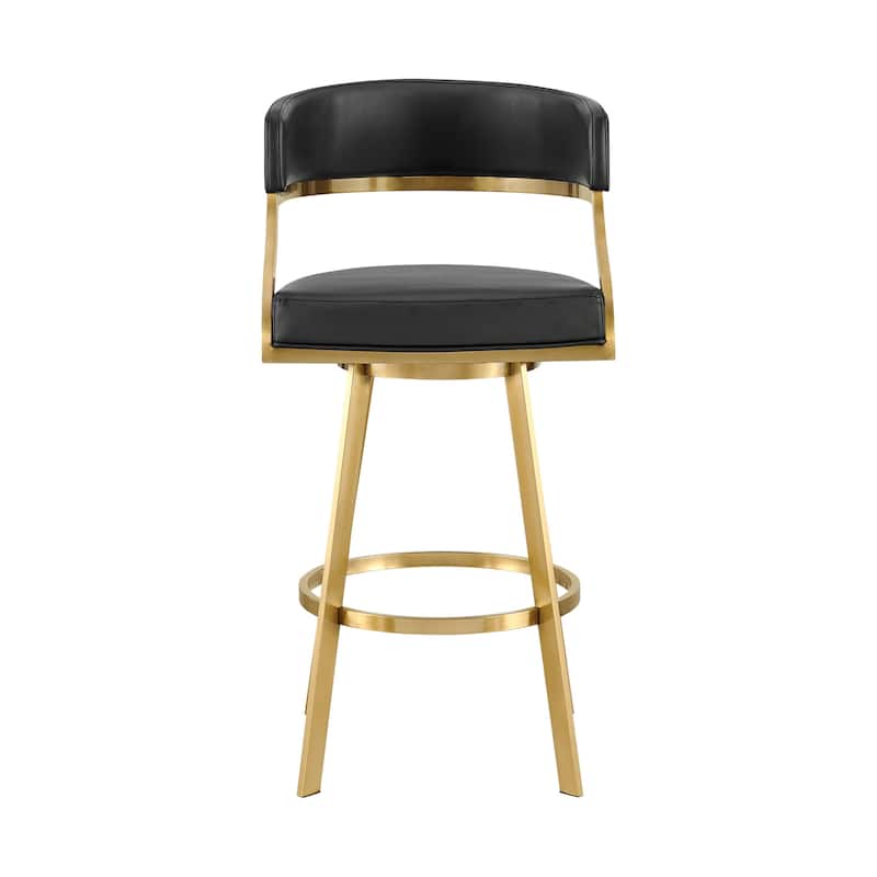HomeRoots 26" Black and Gold Faux Leather and Stainless Steel Low Back Counter Height Swivel Bar Chair