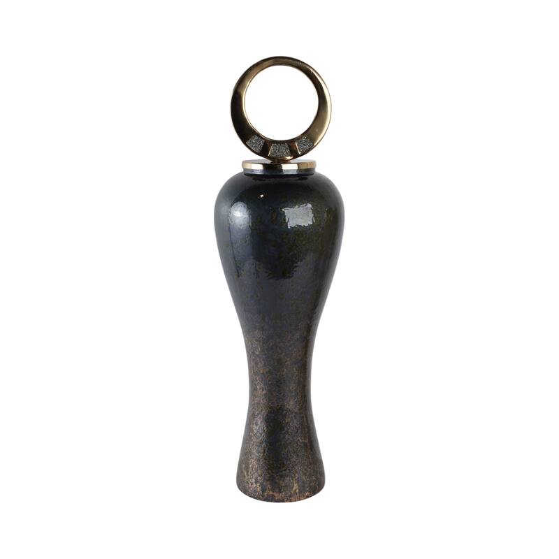 Glass Vase with Modern Sculptural Metal Brass Accent and Stone Detail