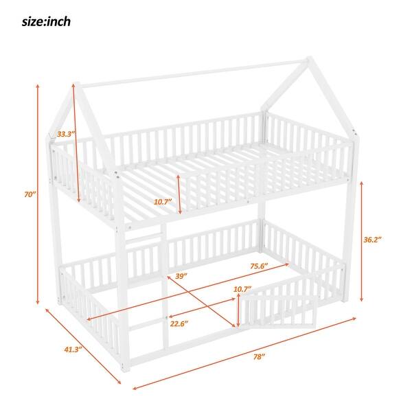 dimension image slide 0 of 2, Twin Over Twin Metal Floor Bunk Bed with Safety Guardrails and Roof Design for Kids, House Shaped Bunk Bed Frame