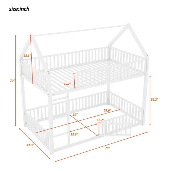 dimension image slide 0 of 2, Twin over Twin House Bunk Bed, Modern Metal Floor Bunk Bed Frame with Full-length Guardrail & Door for Kids Bedroom
