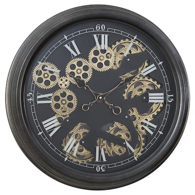 Paris II Gear Clock 20"D Black with Open Moving Gears