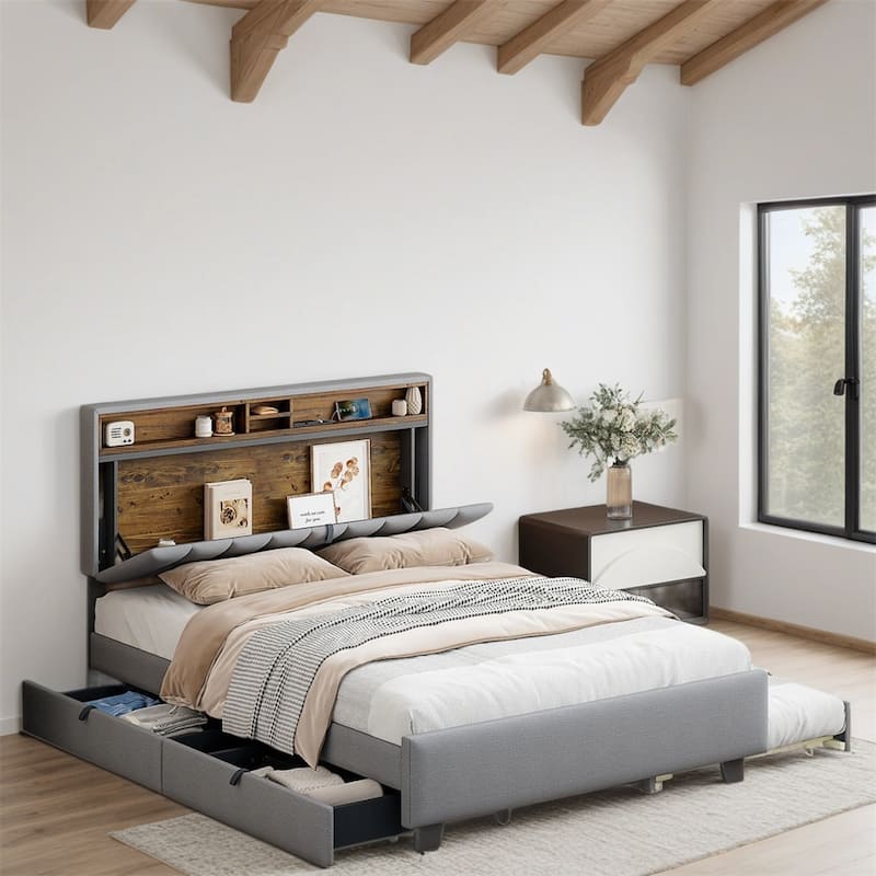 Queen Size Linen Upholstered Platform Bed with Trundle and USB Ports