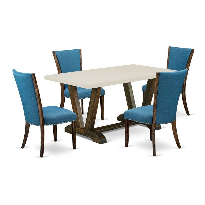 HomeStock 5-Piece Distressed Jacobean Finish Solid Wood Top Dining Table with 4 Parson Chair