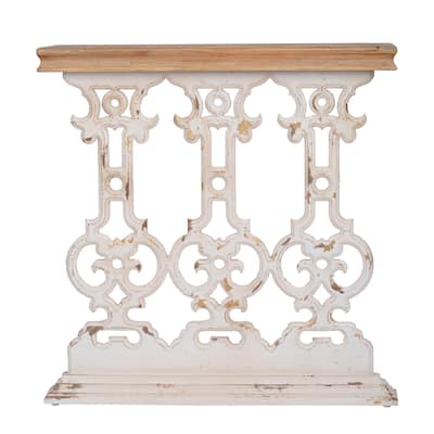 Classic Vintage Console Table with Intricate Scrollwork and Warm Wood Top
