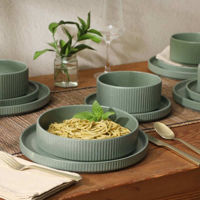 Gibson Elite Deerfield 16-Piece Stoneware Dinnerware Set - Stackable Plates and Bowls, Reactive Glaze Finish, Service for 4