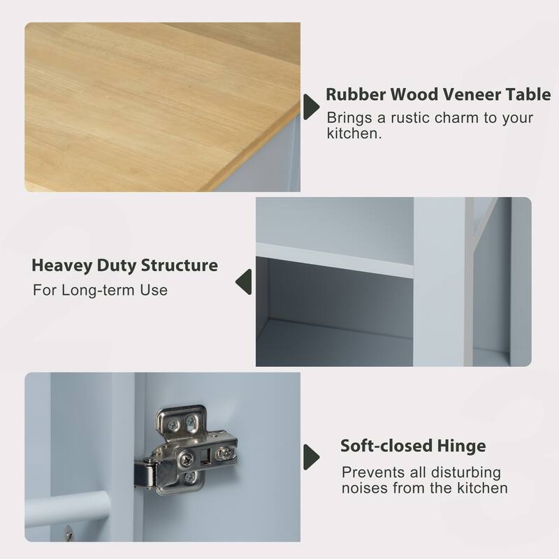 Rubber Wood Veneer Kitchen Island with Extendable Dining Table, Power Outlet
