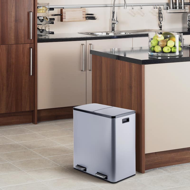 Gray metal2 compartments 2 compartments garbage and recycling bins 60L