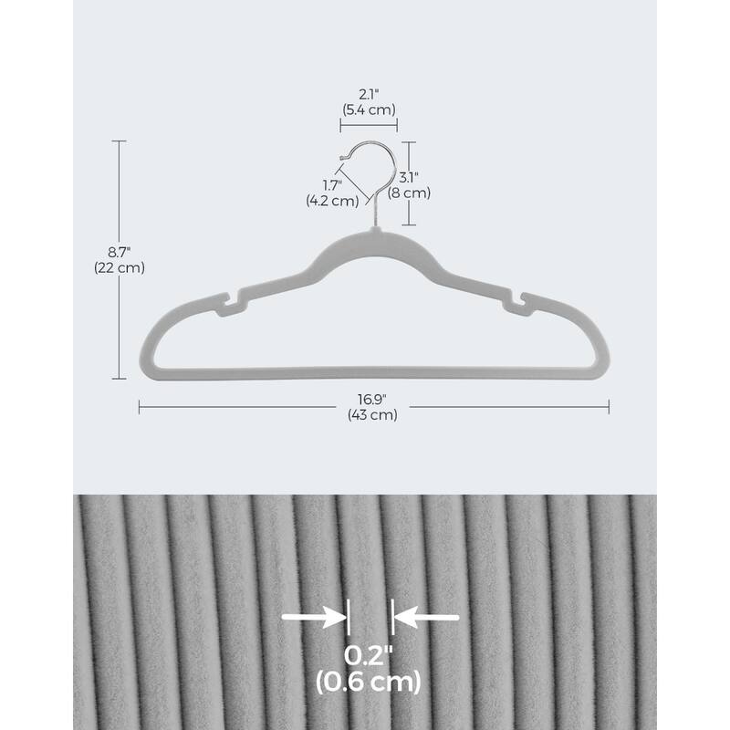Dove Grey Velvet Slim Hangers 50 Pack with Notches Swivel Hook, Space-Saving - 16.9"W x 8.7"H