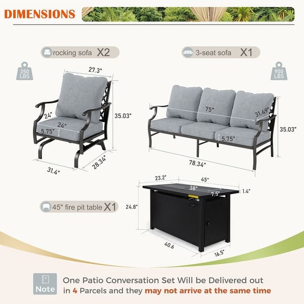 dimension image slide 18 of 19, MAISON ARTS Outdoor Sofa Set 4/6-Piece Patio Conversation Set with 45'' Gas Fire Pit Table