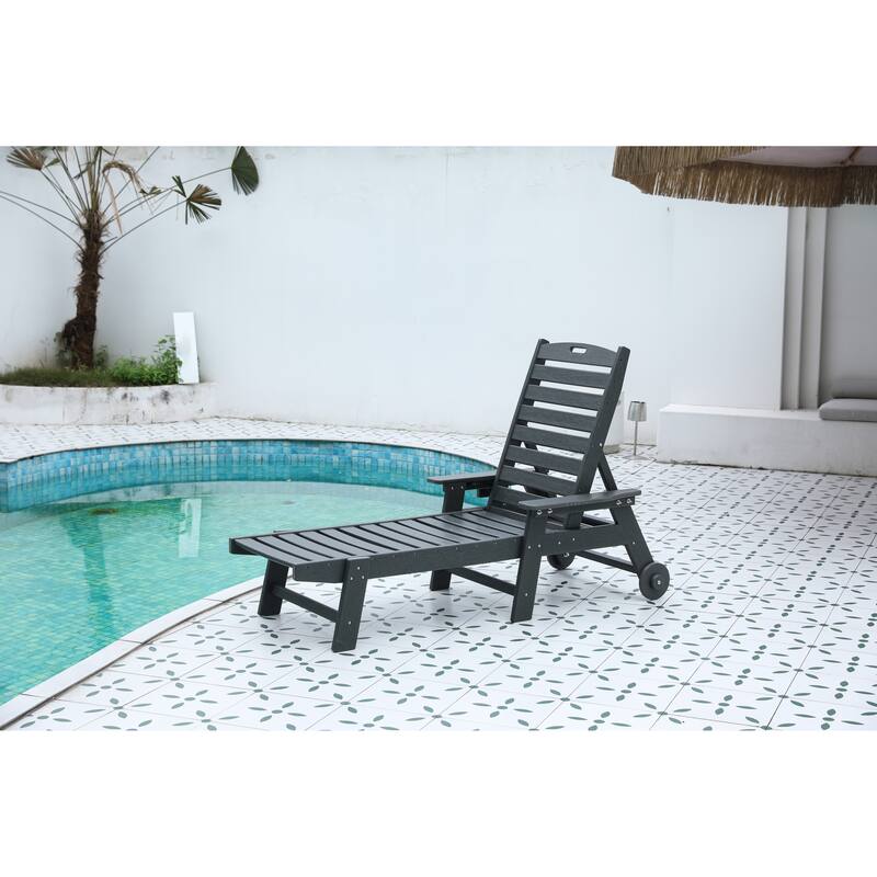 Outdoor Patio Wooden Oversized Chaise Lounge Chair w/ 5 Positions for Pool, Deck, Poolside, Grey