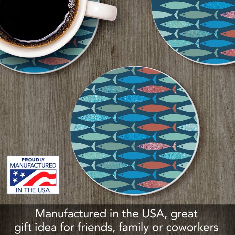 Coastal Fish 4 Pack Absorbent Stone Coaster with Protective Cork Backing Made in The USA 4" Round, Easily Wipes Clean