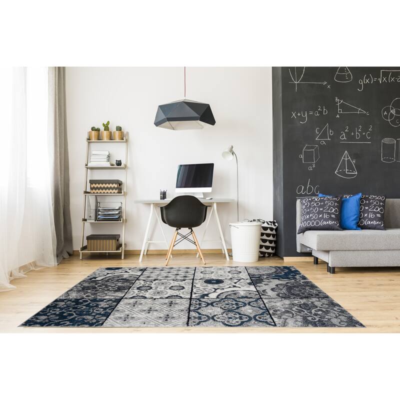 Patches Cream Blue Gray Stylish Transitional Area Rug
