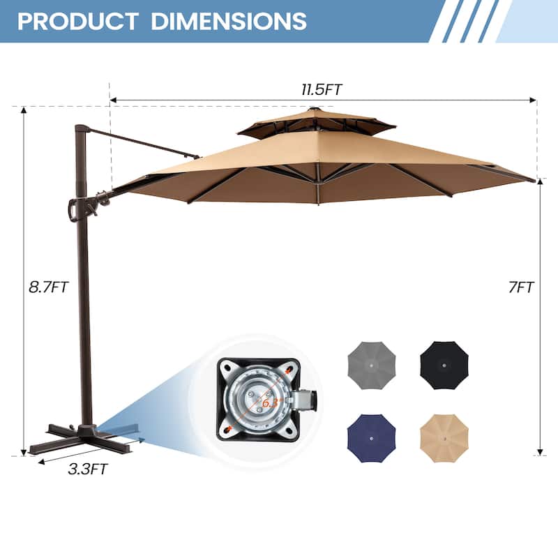 11 FT Outdoor Solar-Powered LED Light Aluminum Double Top Patio Cantilever Umbrella with Fillable Base
