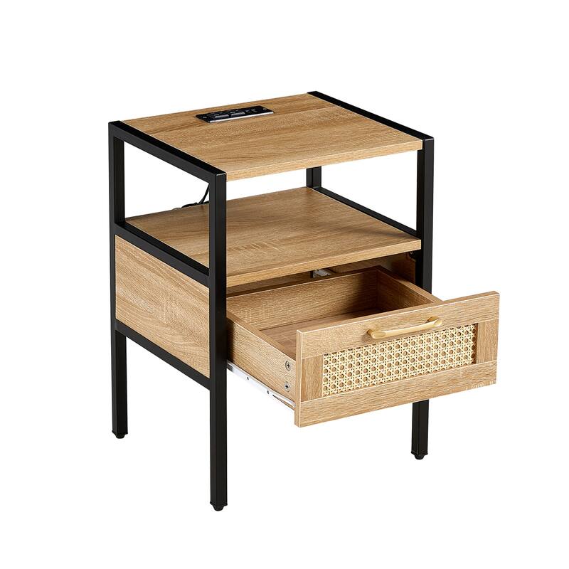 Rattan End Table with Drawer and Metal Legs