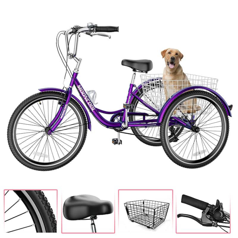 DoCred 24" Adult Tricycles Unisex, Trike Bike with Basket - 24" - Purple