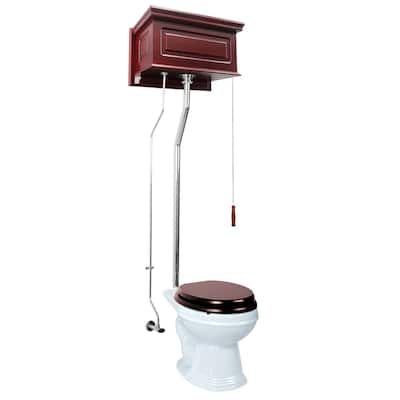 Cherry Wooden High Tank Toilet Raised Tank, Round White Bowl and Chrome L Pipes