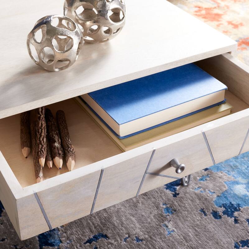 SAFAVIEH Nilgun 1-Drawer 1-Shelf Living Room Coffee Table - 43" W x 21.6" L x 16" H - 43Wx22Dx16H - White Wash/Silver