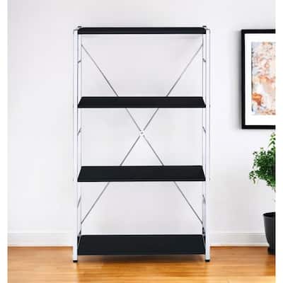 Space-Saving Metal and Wood Etagere Bookcase with Four Fixed Shelves for Living Room or Office