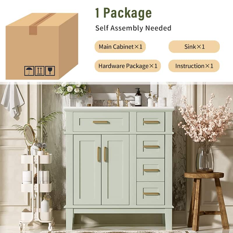 30" Bathroom Vanity with Ceramic Sink - Modern Cabinet with Soft-Close Doors, Deep Drawer & Standard Drawer