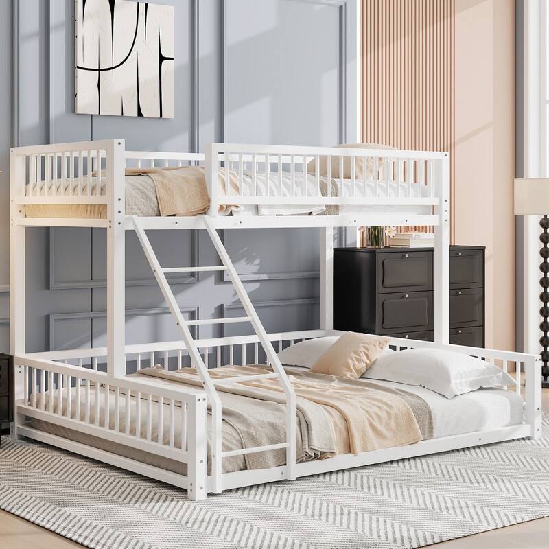 Twin/Full XL over Queen Size Metal Bunk Bed with Ladder and Safety Guardrails, Convertible Bed Frame to Two Floor Beds - White - Twin XL