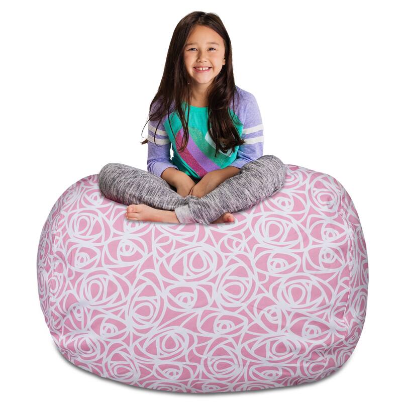 Kids Bean Bag Chair Cover Stuffed Animal Storage or Toy Organizer - 48 Inch Extra Large - Canvas Roses Pink