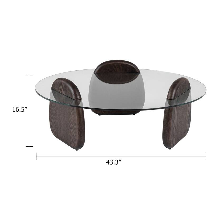Cid 43 Inch Round Coffee Table, Dark Walnut Brown Wood, Glass Top