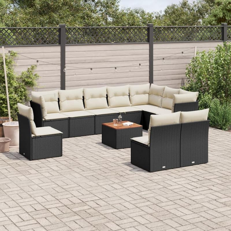 vidaXL Patio Sofa Set with Cushions Outdoor Furniture 11 Piece Poly Rattan - 24.4 x 24.4 x 27.2 - Black and Cream