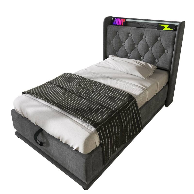 Twin Size Upholstered Bed with 360 LED, USB-C Charging, Hydraulic Storage, Gray Linen