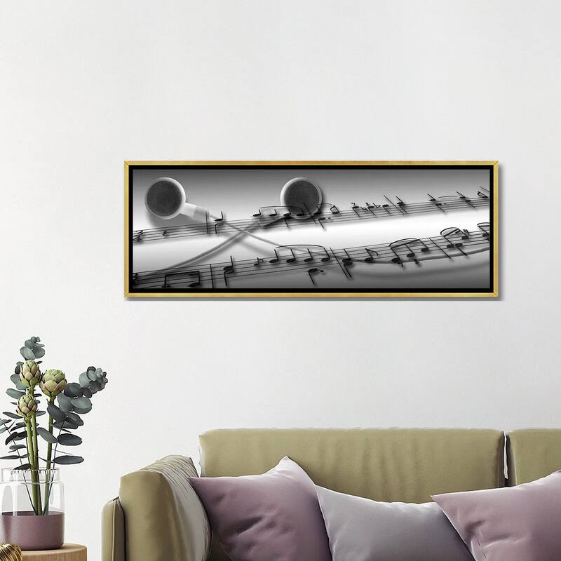 iCanvas "Music notes superimposed on ear phones" by Panoramic Images Framed Canvas Print