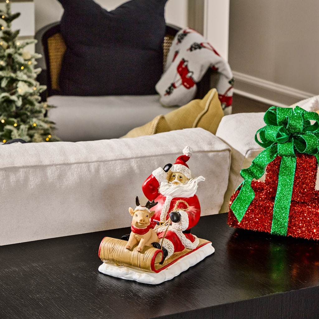 8" Resin Santa With Pig On Sled