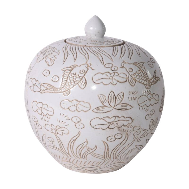 Matte White Carved Fish Melon Jar - 12x12x12