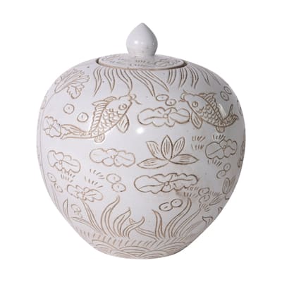 Matte White Carved Fish Melon Jar - 12x12x12