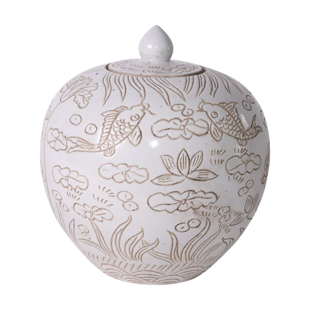 Matte White Carved Fish Melon Jar - 12x12x12