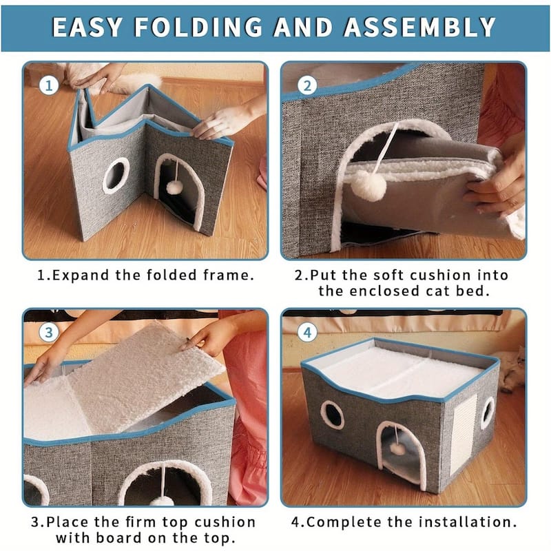 Extra-Wide Cat House Indoor Foldable With Scratch Pad And Toy - 23.5" x 16.35" x 13"