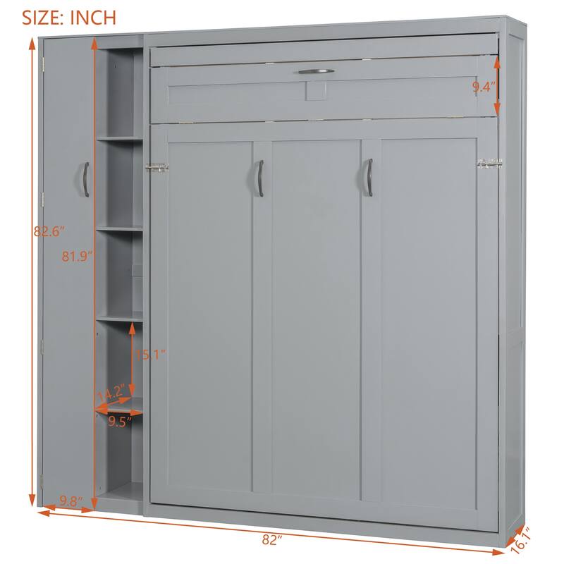 Space-Saving Full Size Wall Bed with Shelves, Wardrobe, and LED Lights, Gray