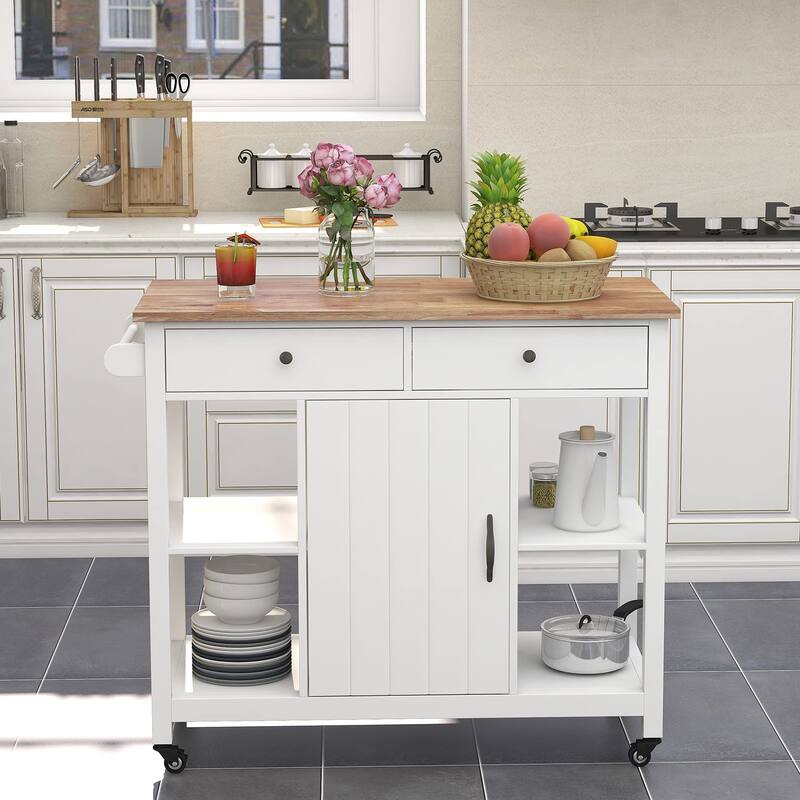 40" Kitchen Island Cart - Rubber Wood Top, Locking Wheels, Versatile Storage & Towel Rack,White - White