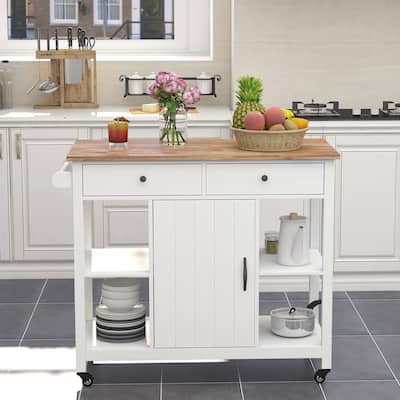 40" Kitchen Island Cart - Rubber Wood Top, Locking Wheels, Versatile Storage & Towel Rack,White