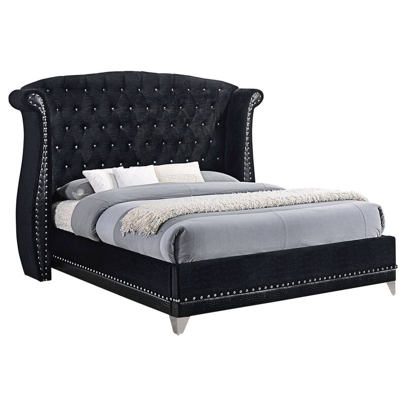 Black Queen Glam Upholstered Bed with Wingback Tufted Headboard and Nailhead Trim