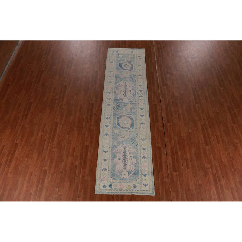 Hand Knotted Oriental 100% Wool Carpet Transitional Geometric Navy Blue & Blues Oushak Runner Rug - 12' 2'' X 3' 3''