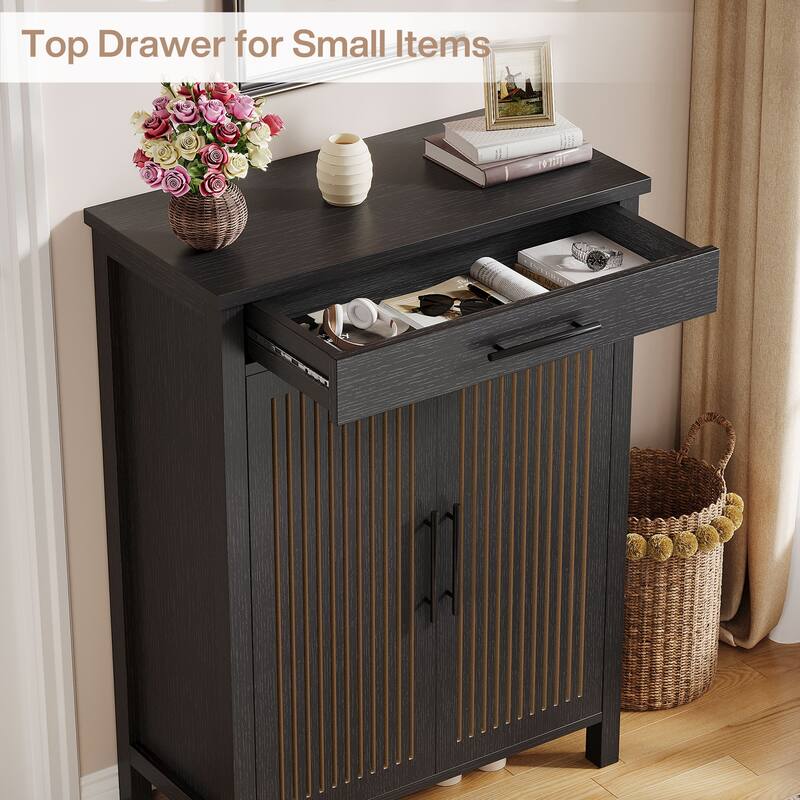 Shoe Cabinet with Louvered Doors & Drawer, Freestanding Wooden Shoe Rack for Entryway