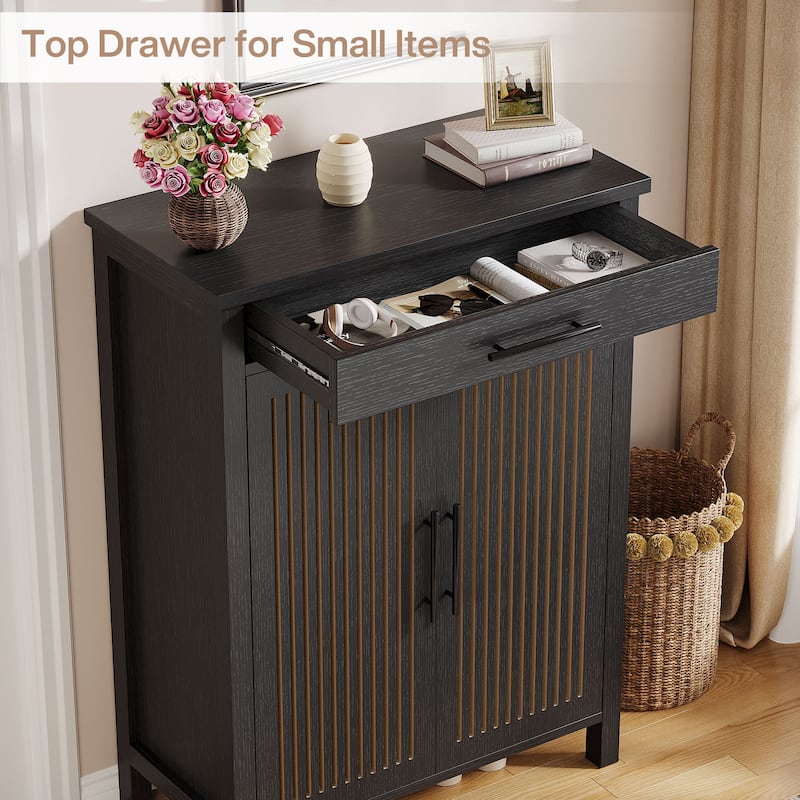 Shoe Storage Cabinet with Louvered Doors & Drawer, Wooden Shoe Rack for Closet, Entryway