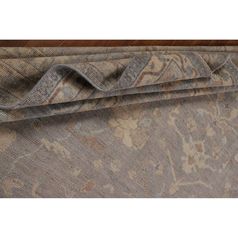 Vegetable Dye Floral Oushak Turkish Rug Hand-Knotted Grey Wool Carpet - 9'4"x 11'8"