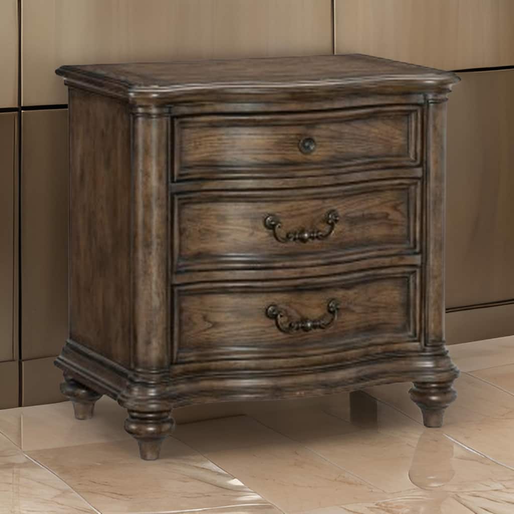Deborah 30 Inch Nightstand, 3 Drawers, Bronze Drop Handles, Brown Wood
