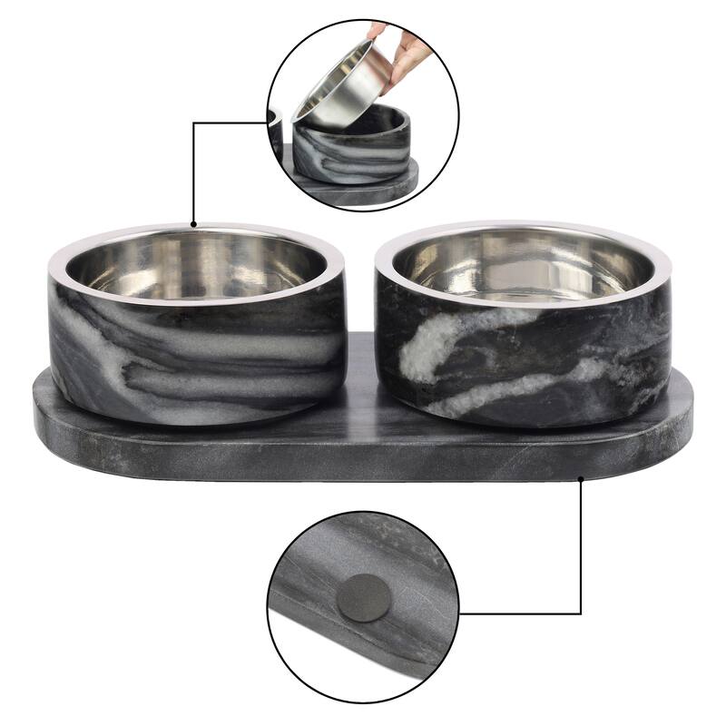 Marbre 12oz Double Pet Bowl Set - Marble & Stainless Steel with Non-Slip Tray