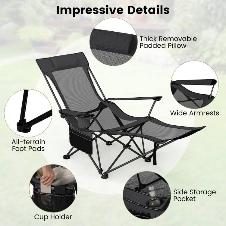 Grey Oxford Mesh Metal Reclining Camping Chair with Footrest and Cup