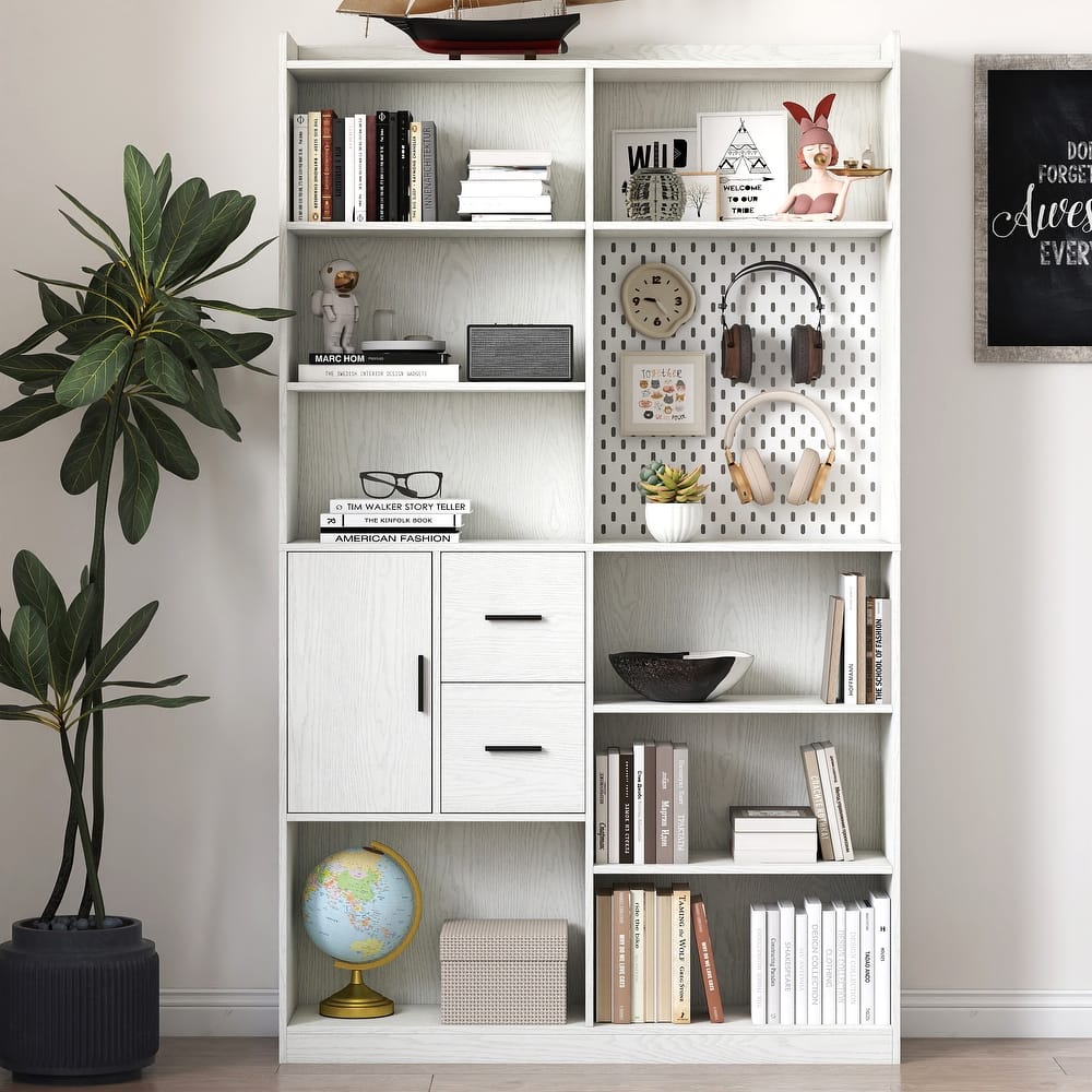 GDF Studio - Jasmine Modern Bookshelf and Kitchen Storage Cabinet with Pegboard, Drawer, and Cubby Display Shelves