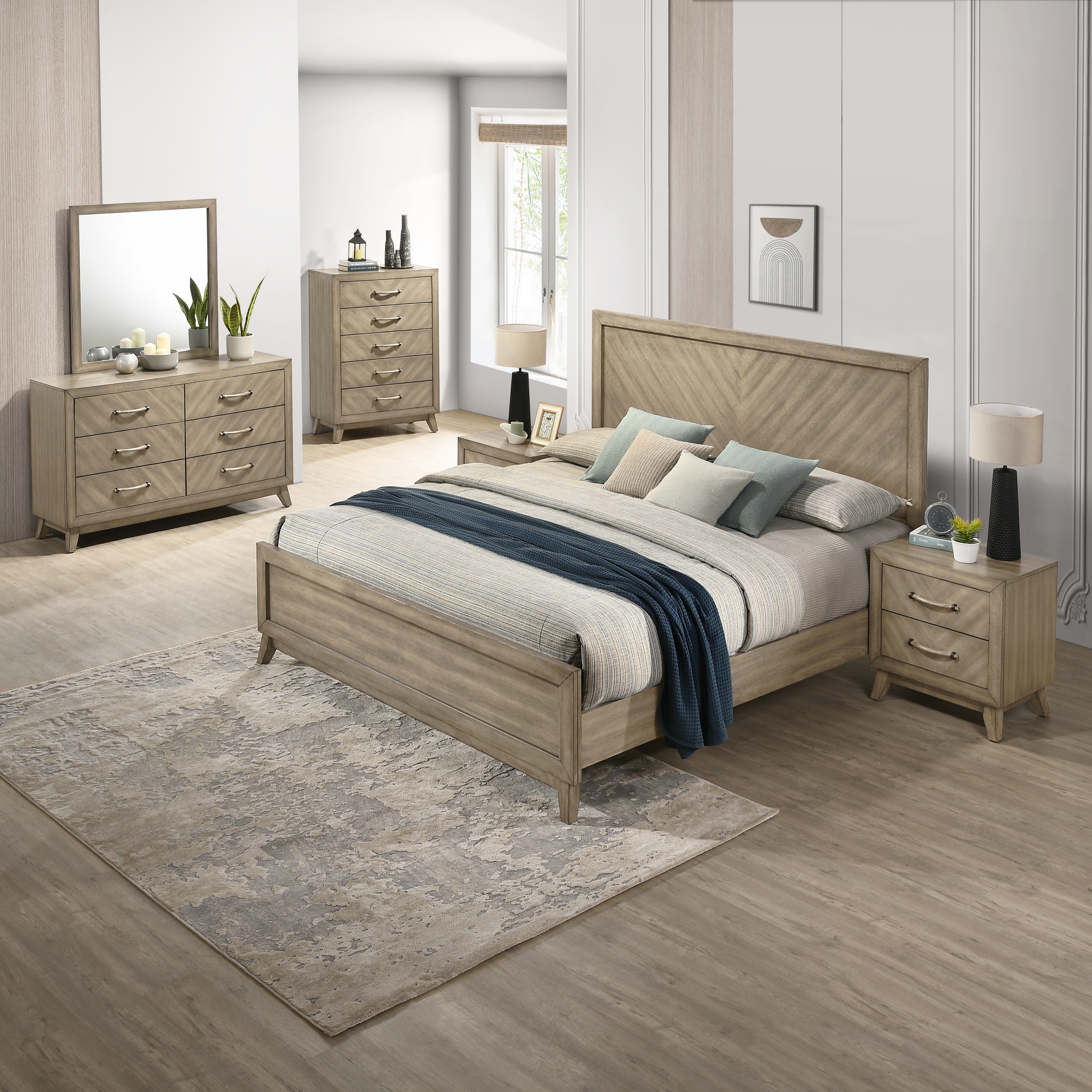 Roundhill Furniture Arena Contemporary Wood Bedroom Set: Panel Bed, Dresser, Mirror, 2 Nightstands, Chest in Weathered Sand